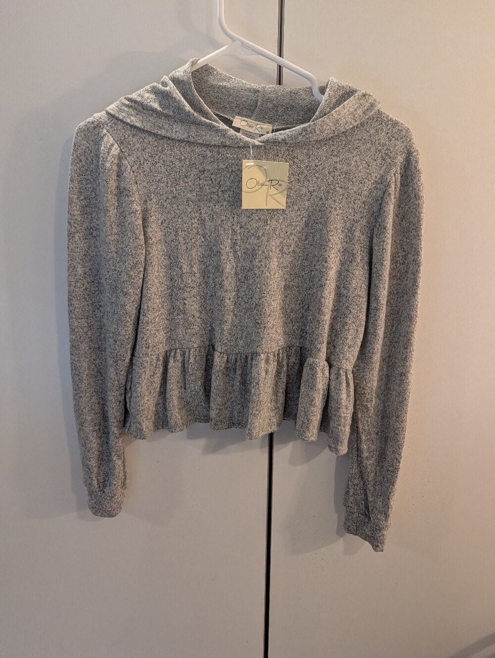 Olivia Rae Cozy Gray Hooded Peplum Sweater Small NWT